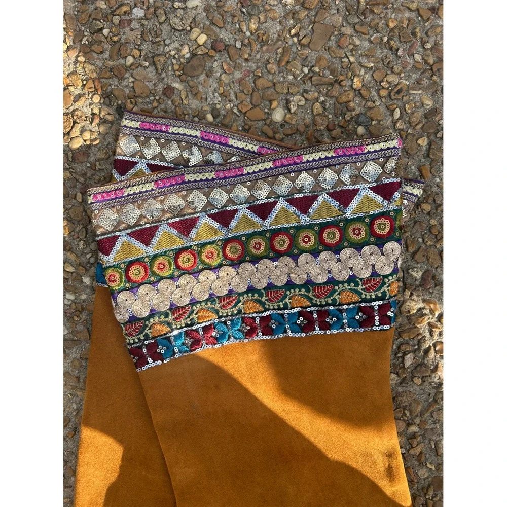 Anna Michelle Thigh High Boots Women 8 Tan Good Embroidered Sequin Boho Stiletto